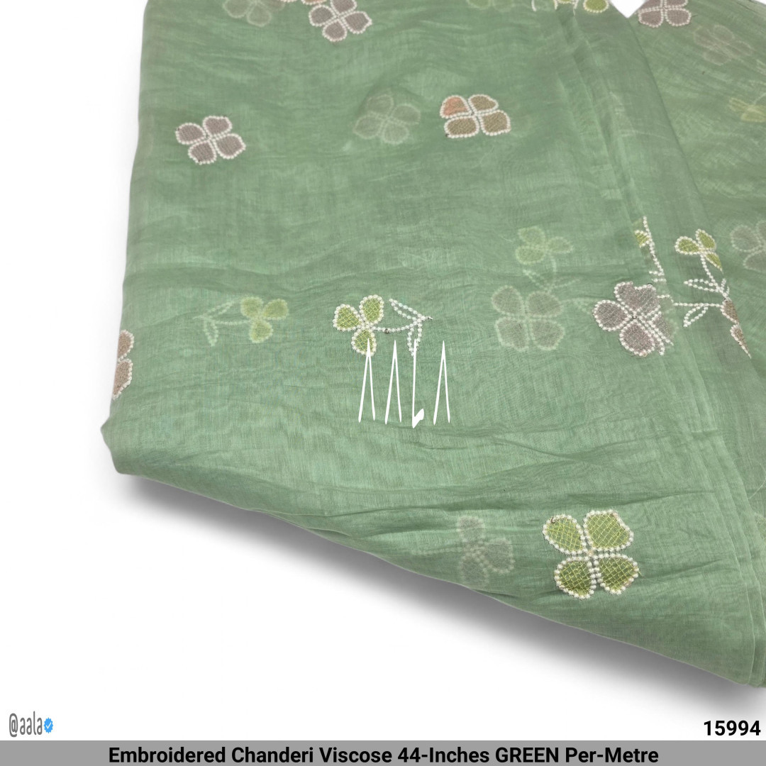 Embroidered Chanderi Viscose 44-Inches GREEN Per-Metre
